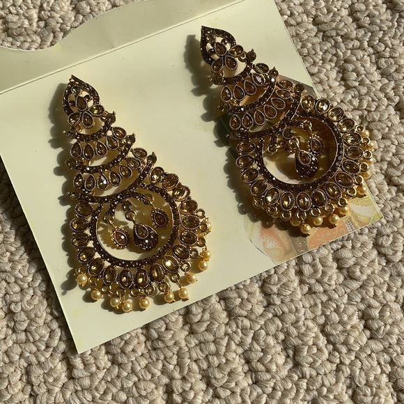 Kundan Polki Pearl Earrings NWOT - Picture 5 of 6
